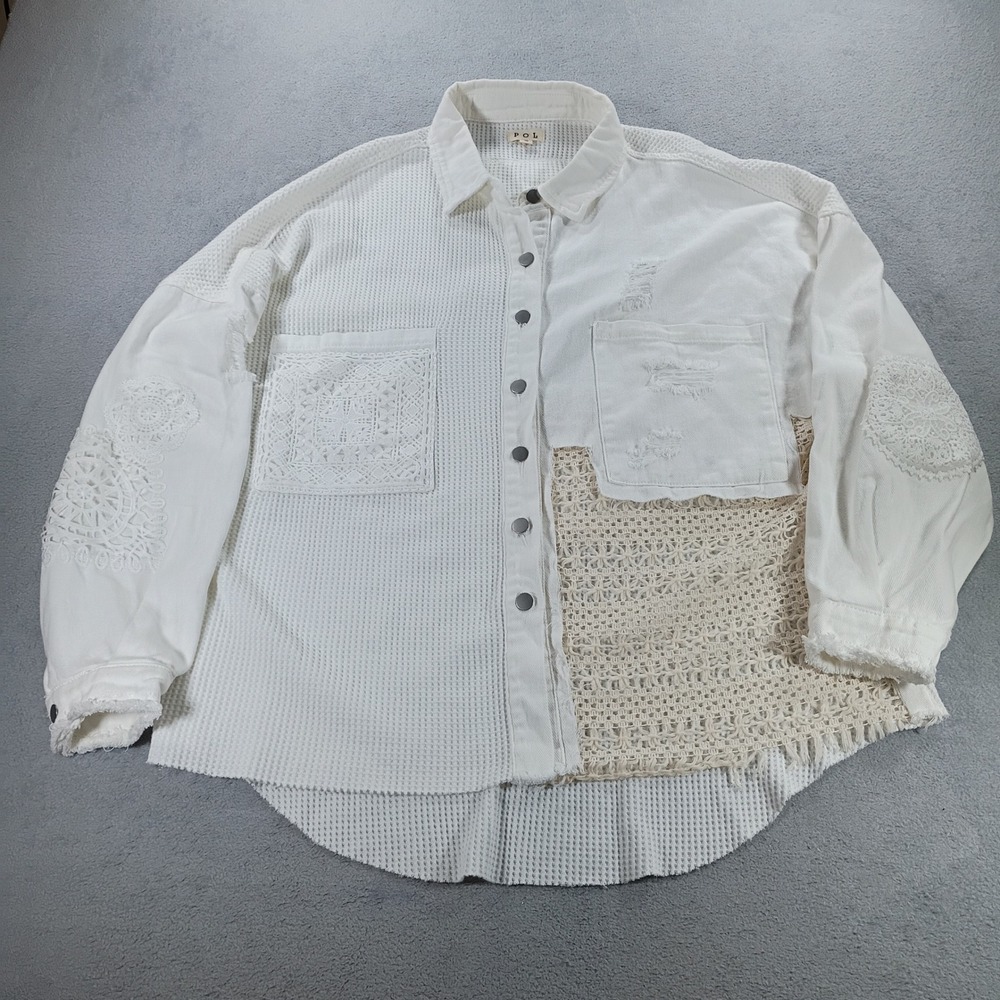POL Womens Mixed Media Crochet Lace Top White Small Oversized Distressed